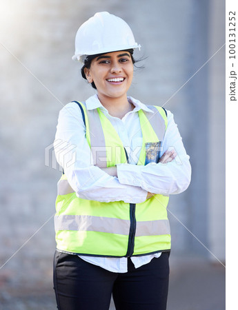 Construction, building and engineering with a woman contractor or technician outside on a build site for development, renovation or remodel. Construction worker ready for build, maintenance or repair 100131252