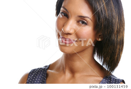 African woman, studio portrait and smile with beauty, wellness and makeup by white background. Woman, model and isolated for aesthetic, fashion and happiness with glow skin, cosmetics face or excited 100131459