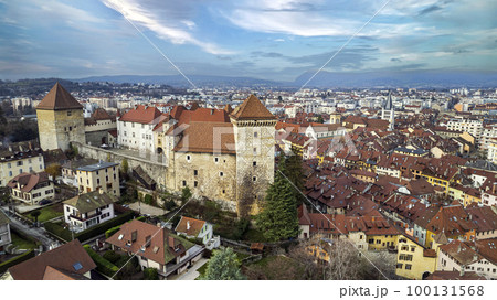 France travel and landmarks. Romantic beautiful old town of Annecy, aerial cityscape view with medieval castle. 100131568