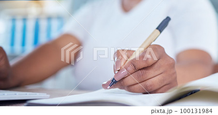 Hands, paper and writing of a woman at work and working on paperwork or documents at the office. Female business worker or employee hand and pen ready to write plan, records or customer information. Hands, paper and writing of a woman at work and working on paperwork or documents at the office. Female business worker or employee hand and pen ready to write plan, records or customer information. 100131984