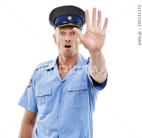 Police, stop and officer or law enforcement with legal authority isolated against a studio white background. Man, cop and person with uniform for public service for safety and protection 100132235