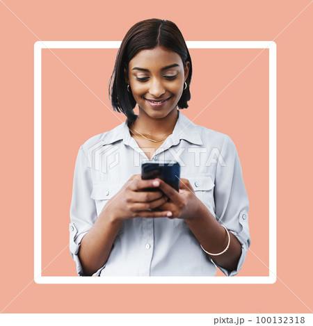 Social media, chat and woman on a phone for connection isolated on a digital studio background. Creative, communication and girl typing on a mobile for contact update on a wallpaper backdrop 100132318