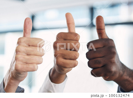 Thumbs up, hands and group together in office with diversity, agreement and solidarity at job. Business people, hand sign and solidarity with team building, collaboration and motivation in workplace 100132474