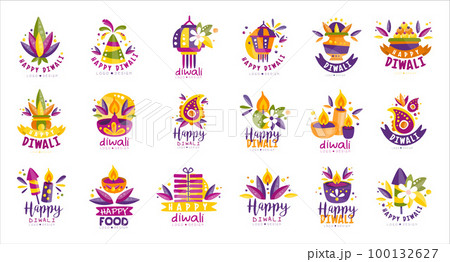 Happy Diwali logo design set. Indian festival hand drawn labels vector illustration Happy Diwali logo design set. Indian festival hand drawn labels vector illustration 100132627