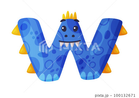 W consonant letter dino font. Dinosaur alphabet, cute dino effect blue letter sign, abc for kids, nursery, birthday party design cartoon vector illustration W consonant letter dino font. Dinosaur alphabet, cute dino effect blue letter sign, abc for kids, nursery, birthday party design cartoon vector illustration 100132671