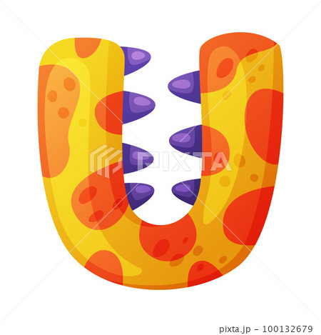 U vowel letter dino font. Dinosaur alphabet, cute dino effect bright letter sign, abc for kids, nursery, birthday party design cartoon vector illustration U vowel letter dino font. Dinosaur alphabet, cute dino effect bright letter sign, abc for kids, nursery, birthday party design cartoon vector illustration 100132679