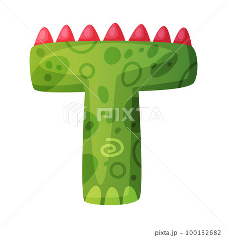 T consonant letter dino font. Dinosaur alphabet, cute dino effect green letter sign, abc for kids, nursery, birthday party design cartoon vector illustration T consonant letter dino font. Dinosaur alphabet, cute dino effect green letter sign, abc for kids, nursery, birthday party design cartoon vector illustration 100132682