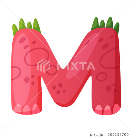 M consonant letter dino font. Dinosaur alphabet, cute dino effect red letter sign, abc for kids, nursery, birthday party design cartoon vector illustration M consonant letter dino font. Dinosaur alphabet, cute dino effect red letter sign, abc for kids, nursery, birthday party design cartoon vector illustration 100132709