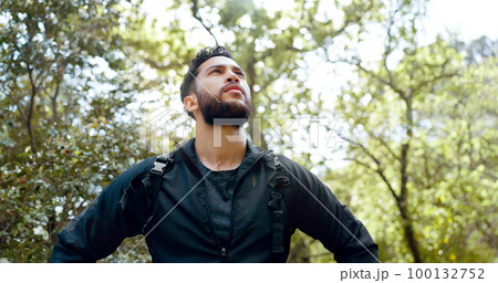 Man, thinking and hiking in nature forest, Brazilian amazon woods or sustainability environment for workout, training and exercise. Confused hiker, lost person or backpacker in countryside adventure 100132752