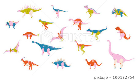 Set of cute dinosaurs. Pterosaurs, stegosaurus, brontosaurus, tyrannosaurus rex, velociraptor prehistoric animals cartoon vector Illustration Set of cute dinosaurs. Pterosaurs, stegosaurus, brontosaurus, tyrannosaurus rex, velociraptor prehistoric animals cartoon vector Illustration 100132754