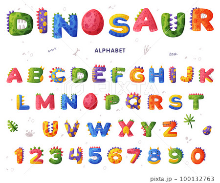 Dinosaur alphabet colorful letters and numbers. Bright dino font. Abc for kids, nursery, birthday party design cartoon vector illustration Dinosaur alphabet colorful letters and numbers. Bright dino font. Abc for kids, nursery, birthday party design cartoon vector illustration 100132763