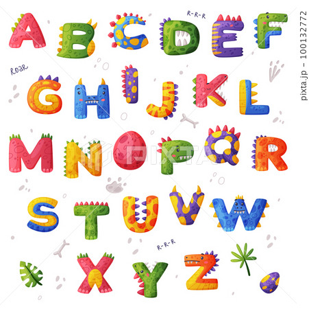 Dino font. Dinosaur alphabet, cute dino effect letters, abc for kids, nursery, birthday party design cartoon vector illustration 100132772