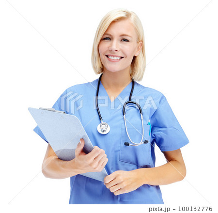 Portrait, health and documents with a nurse woman in studio isolated on a white background for insurance. Hospital, healthcare and medical with a female medicine professional writing on a clipboard 100132776