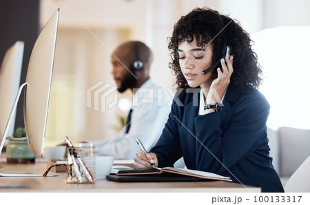 Call center, black woman and writing of a crm, contact us and telemarketing employee. Consultant, web support and computer communication of an online consulting agent working on customer service Call center, black woman and writing of a crm, contact us and telemarketing employee. Consultant, web support and computer communication of an online consulting agent working on customer service 100133317