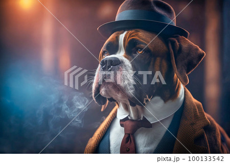 A dog in a suit and hat smokes cigarettes, generative AI 100133542