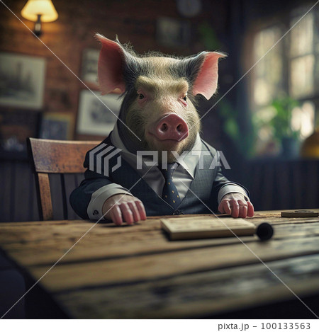 pig in a suit and tie sits at a table, generative AI pig in a suit and tie sits at a table, generative AI 100133563