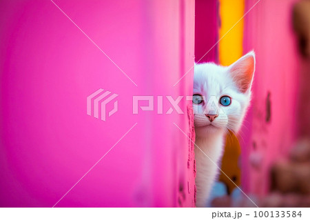 A white kitten peeks out from behind a pink wall, generative AI A white kitten peeks out from behind a pink wall, generative AI 100133584