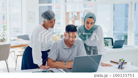 Team, women and man in modern office, laptop and marketing planning. Business people talking, digital schedule and conversation for advertising campaign, strategy for group project and sales growth. Team, women and man in modern office, laptop and marketing planning. Business people talking, digital schedule and conversation for advertising campaign, strategy for group project and sales growth. 100133751