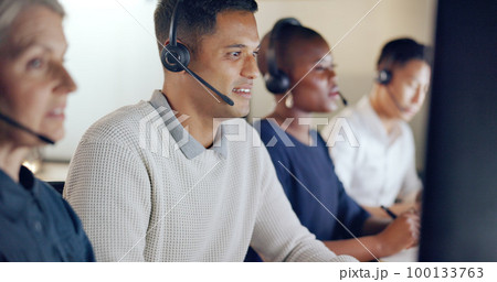 Call center, business people and team communication, global office and telemarketing diversity. Telecom, technical support or virtual help desk agent, consultant or ecommerce worker talk on computer Call center, business people and team communication, global office and telemarketing diversity. Telecom, technical support or virtual help desk agent, consultant or ecommerce worker talk on computer 100133763