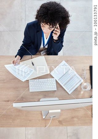 Phone call communication, office documents and woman finance conversation with stock market investment contact. Bitcoin crypto trader, top view or forex account manager networking on NFT trading talk 100133791