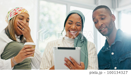 Business people, laughing or meeting with tablet, paper or documents in company joke, meme or funny comic website. Smile, happy or talking women and man on technology in diversity teamwork for brand Business people, laughing or meeting with tablet, paper or documents in company joke, meme or funny comic website. Smile, happy or talking women and man on technology in diversity teamwork for brand 100134327