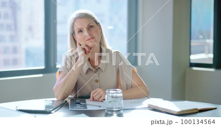 Business, face and senior woman thinking in office, confident and planning for marketing campaign. Mature female, employee and ceo with target, prepare for corporate deal and goal in workplace. 100134564