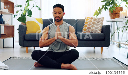Yoga, namaste man and living room exercise for zen meditation and mental relaxation time in home. Peaceful, spiritual and fitness wellness routine for calm mindset and stress free lifestyle. Yoga, namaste man and living room exercise for zen meditation and mental relaxation time in home. Peaceful, spiritual and fitness wellness routine for calm mindset and stress free lifestyle. 100134566