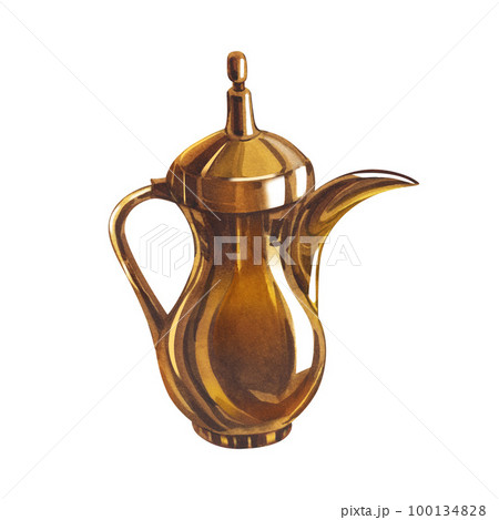 Watercolor golden arabian coffee pot. Hand-drawn illustration isolated on white background. Perfect for islamic celebration day ramadan kareem, eid al fitr adha, arabesque design. 100134828