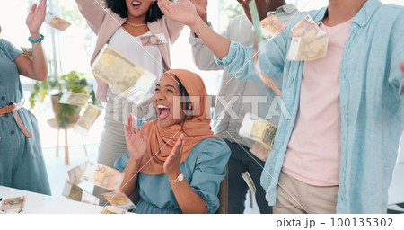 Business team, cash and money rain for bonus salary, success and winning. Winner, group and employees celebrate stock market, financial freedom and high five for investment, sales profit and economy Business team, cash and money rain for bonus salary, success and winning. Winner, group and employees celebrate stock market, financial freedom and high five for investment, sales profit and economy 100135302