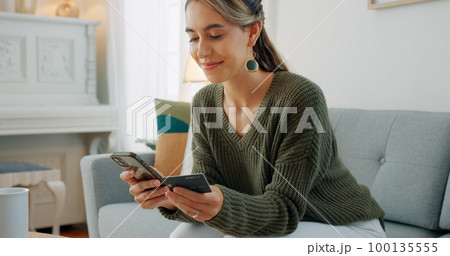 Brazil, phone or woman with credit card payment on sofa for online shopping, fintech or ecommerce app at home. Happy, relax and girl with smile for digital banking, website store purchase or trading 100135555