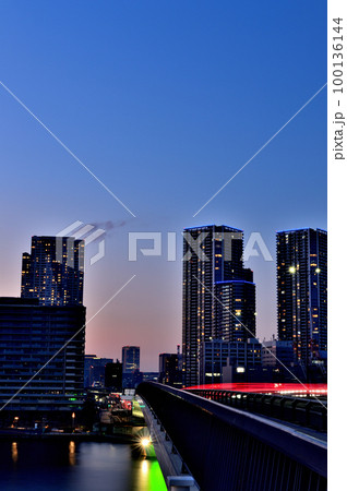 豊洲大橋から観た晴海・勝どき・月島エリアの高層マンション群の夜景 100136144