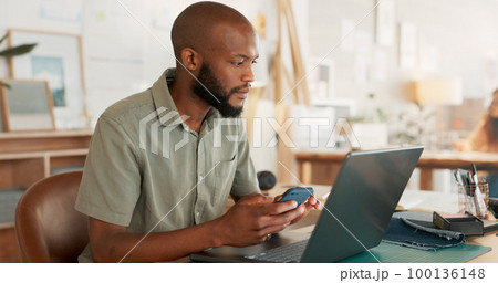 Strategy, laptop and business people meeting in office talking, in conversation and brainstorming ideas. Teamwork, businessman and woman in workplace working on marketing project in startup company 100136148