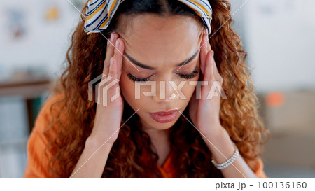 Black woman, stress and headache on laptop at the office in depression, anxiety or overwhelmed with work. African American female face suffering burnout, tired or mental health issues on computer 100136160