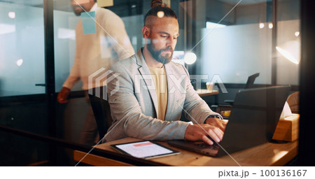 Laptop, typing and man in office writing an email, internet research or performance data report. Technology, communication and startup businessman working on project or networking on computer at desk Laptop, typing and man in office writing an email, internet research or performance data report. Technology, communication and startup businessman working on project or networking on computer at desk 100136167