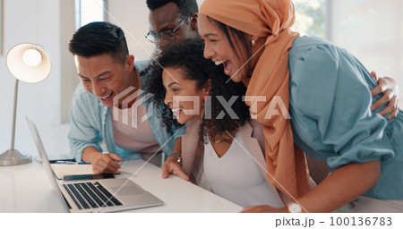 Winner, teamwork and business people with laptop in celebration for stock trading bonus, profit and sales. Support, motivation and excited group of workers high five, applause and winning in officeWi 100136783