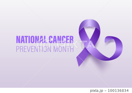 National Cancer Prevention Month Banner, Card, Placard with Vector 3d Realistic Lavender Ribbon on White Background. Cancer Prevention Awareness Month Symbol Closeup. World Cancer Day Concept 100136834
