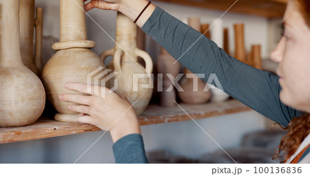 Pottery, woman artist and shelf for ceramic cups for shop, check quality for creative class or appreciate clay mold in workshop. Hobby, female entrepreneur or prepare art items to sell or for startup 100136836