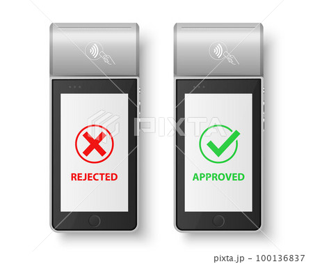Vector 3d Gray NFC Payment Machine with Approved and Rejected Status Isolated. Wi-fi, Wireless Payment. POS Terminal, Machine Design Template of Bank Payment Contactless Terminal, Mockup. Top VIew 100136837