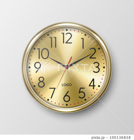 Vector 3d Realistic Simple Round Yellow Golden Wall Office Clock with Yellow Metal Golden Dial Icon Closeup Isolated. Design Template, Mock-up for Branding, Advertise. Front or Top View 100136838