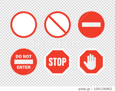 Vector White and Red Round Prohibition Stop Sign Icon Set - Warning, Danger Sign Frame Closeup. Dangerous Plate Design Template of Road Sign, Front View Vector White and Red Round Prohibition Stop Sign Icon Set - Warning, Danger Sign Frame Closeup. Dangerous Plate Design Template of Road Sign, Front View 100136862