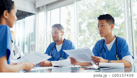 Handshake, welcome and doctors in an interview, planning meeting and healthcare schedule at a hospital. Support, partnership and medical employees shaking hands, agenda communication and solidarity Handshake, welcome and doctors in an interview, planning meeting and healthcare schedule at a hospital. Support, partnership and medical employees shaking hands, agenda communication and solidarity 100137439