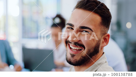 Laughing businessman, portrait and collaboration in office meeting, boardroom intern and diversity teamwork. Zoom, smile or happy employee in global finance opportunity and company strategy planning 100138788