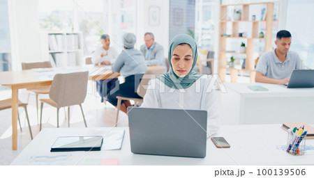 Creative muslim woman, laptop and web design in marketing, advertising or branding startup at the office. Woman employee designer with hijab working on market strategy or design on computer at work 100139506