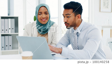 Research, diversity or business people on laptop in office for marketing strategy, web SEO growth or business meeting. Teamwork, happy or collaboration on tech planning, social media or network blog 100140258