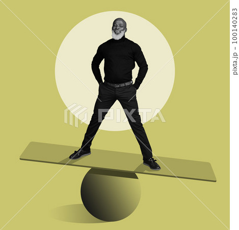 Portrait, creative and balance with a black man in studio on a yellow background for abstract art. 3D, scale or illustration with a senior male standing on a balancing board and ball for artwork Portrait, creative and balance with a black man in studio on a yellow background for abstract art. 3D, scale or illustration with a senior male standing on a balancing board and ball for artwork 100140283
