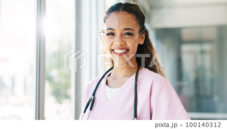 Laughing woman, face and pediatrician nurse with hospital ideas, life insurance vision or trust help. Happy, smile or portrait of medical healthcare worker with childcare wellness goals or motivation 100140312
