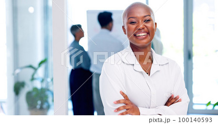 Face of a business black woman proud and happy with company values, mission and inclusion culture in office. Workplace, corporate and smile of african employee or worker vision, goals and laughing Face of a business black woman proud and happy with company values, mission and inclusion culture in office. Workplace, corporate and smile of african employee or worker vision, goals and laughing 100140593