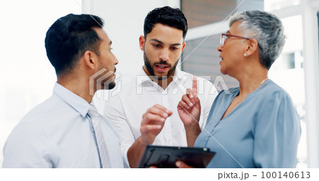 Tablet, collaboration or business people for teamwork in office building for marketing strategy, web SEO growth or research. Meeting, happy or manager on tech planning, social media or network blog Tablet, collaboration or business people for teamwork in office building for marketing strategy, web SEO growth or research. Meeting, happy or manager on tech planning, social media or network blog 100140613