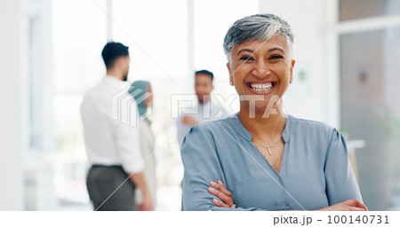 Face of a senior business woman proud and happy with company values, mission and inclusion culture in office. Workplace, corporate and smile of manager, employee or worker vision, goals and laughing Face of a senior business woman proud and happy with company values, mission and inclusion culture in office. Workplace, corporate and smile of manager, employee or worker vision, goals and laughing 100140731