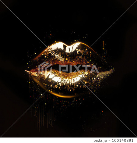Abstract gold lips. Golden lips closeup. Gold metal art lip. Beautiful makeup. Abstract gold lips. Golden lips closeup. Gold metal art lip. Beautiful makeup. 100140891